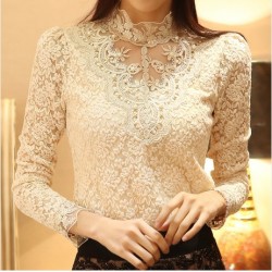 New Women Sexy Embroidery Lace Blouse Feminine Stand Neck Long Sleeve Shirt Plus Size 3XL Blouse Tops