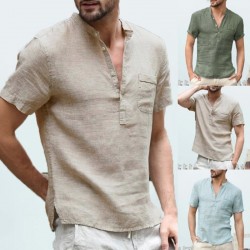  New Mens Spring Summer Casual Shirt Short Sleeve Cotton Linen Shirts Men Loose Collar Button Shirt silk Chemise Homme