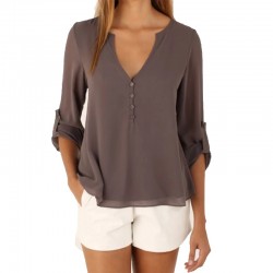 3/4 Sleeve Deep V Neck Chiffon Blouse Summer Autumn Women Casual Button Tops Solid Shirt Blusas Plus Size