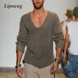 Autumn Casual Solid Color Mens Knit Sweater 2021 Spring Long Sleeve V-Neck Pullover Tops Male Fashion Loose Streetwear Plus Size