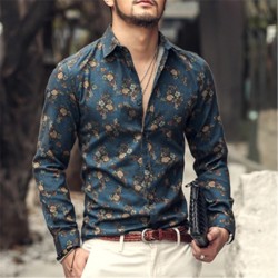 autumn ins new fashion flower printed long sleeve shirts men camisa male slim flower shirt vintage Linen Casual Men Shirt S2004