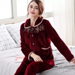 Autumn Winter Warm Pajamas Sets For Women Thick Flannel Coral Long Sleeve Female Pajama Pyjamas Set Sleepwear Home Clothing
