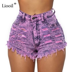 Liooil Sexy Hole Denim Shorts With Tassel Women 2021 High Waisted Button Zipper Pockets Female Autumn Washed Rave Skinny Jeans